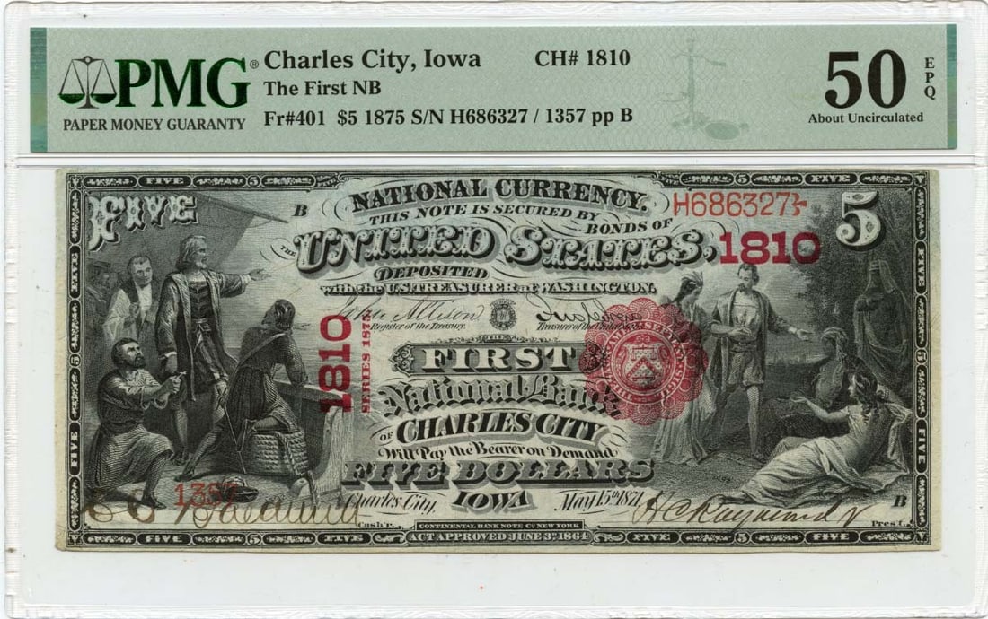 1875 $5 National Currency FR#401 PMG AU50 EPQ Charles City Iowa: 1875 $5 National Currency FR#401 PMG AU50 EPQ Charles City Iowa This 1875 $5 National Bank Note from the First National Bank of Charles City, Iowa, is a remarkable piece of currency history. It is gra