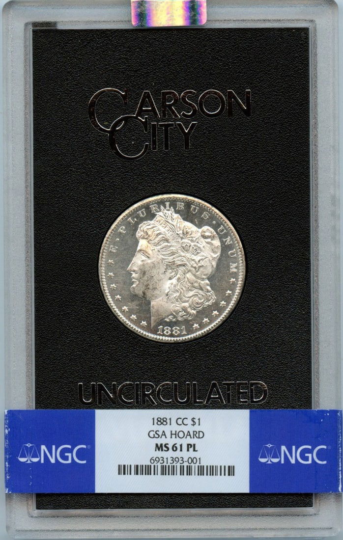 1881-CC Morgan Dollar GSA Hoard NGC MS61PL Uncirculated: 1881-CC Morgan Dollar GSA Hoard NGC MS61PL Uncirculated This 1881-CC Morgan Dollar is a remarkable addition to any collection, boasting a certification from NGC with the certification number 693139300