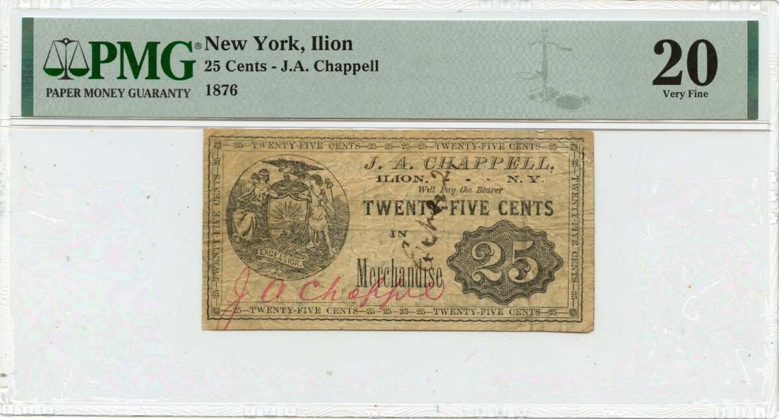1876 25 Cents New York Merchant Script Note J.A. Chappell PMG VF20: 1876 25 Cents New York Merchant Script Note J.A. Chappell PMG VF20 This 1876 25 Cents Merchant Script note from New York, issued by J.A. Chappell, is a notable collectible for numismatists. Certified
