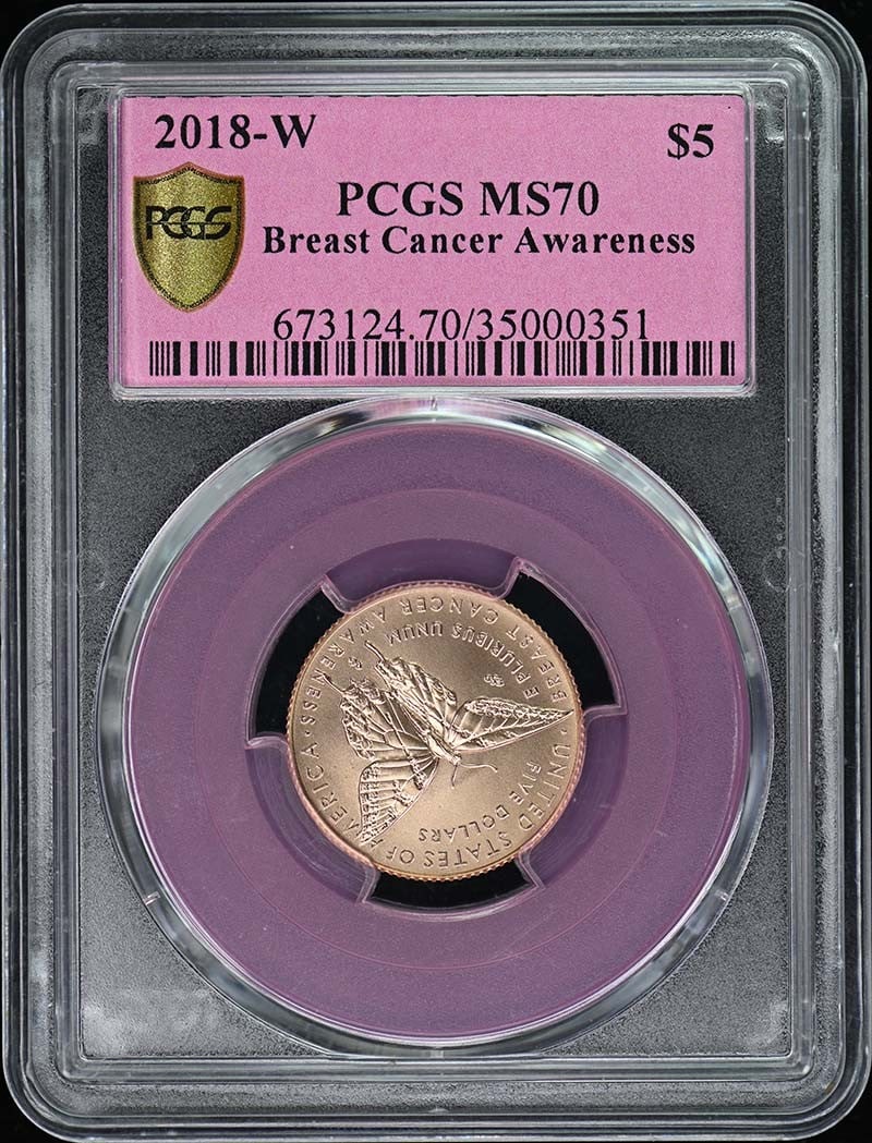 PCGS MS70 2018-W $5 Gold Breast Cancer Commemorative Coin Pink Core: PCGS MS70 2018-W $5 Gold Breast Cancer Commemorative Coin Pink Core 2018-W Breast Cancer Awareness $5 gold commemorative coin graded MS70 by PCGS with a BCRF pink core. This coin was minted at West Po