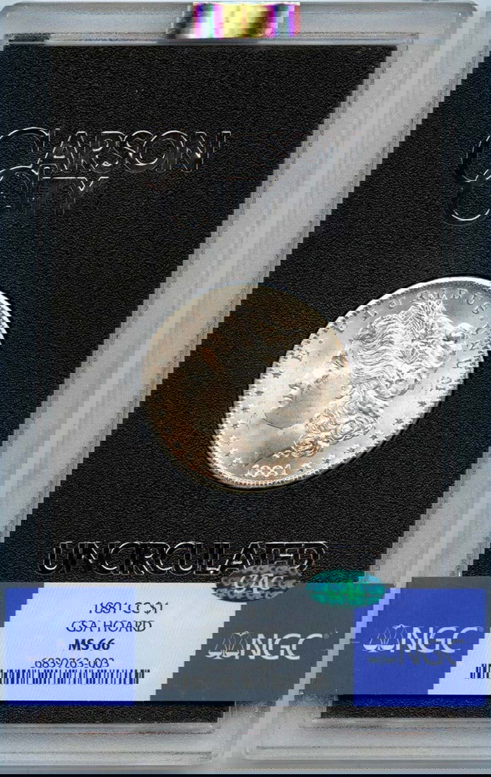 1881-CC Morgan Dollar GSA Hoard NGC MS66 CAC: 1881-CC Morgan Dollar GSA Hoard NGC MS66 CAC This 1881-CC Morgan Dollar is a stunning example of American coinage, certified by NGC with a remarkable grade of MS66. Struck at the Carson City Mint, thi