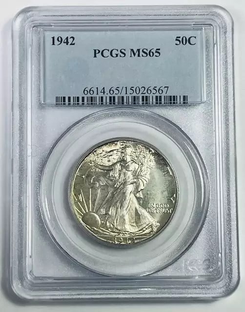 1942 P Walking Liberty Half Dollar PCGS MS65 Silver Coin: 1942 P Walking Liberty Half Dollar PCGS MS65 Silver Coin This 1942 P Walking Liberty Half Dollar is a stunning example of American coinage, graded MS-65 by PCGS, ensuring its uncirculated condition. M