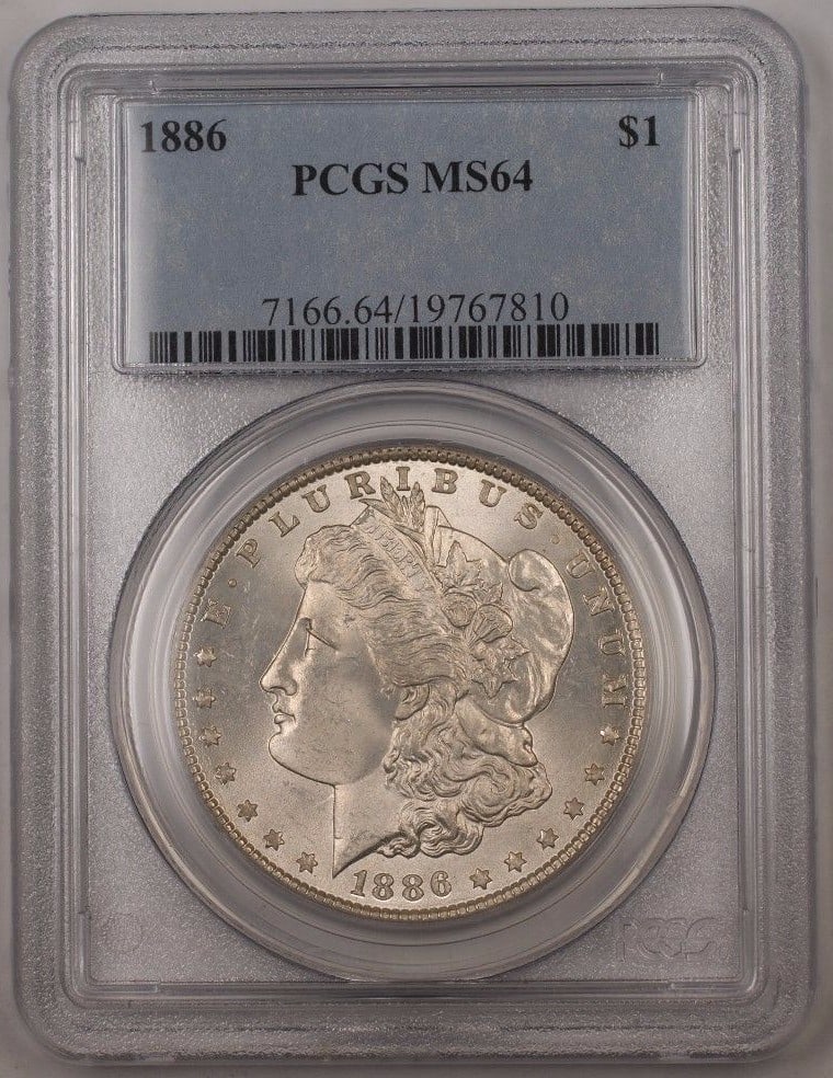 PCGS MS64 1886 Morgan Dollar Silver Coin With Clashed Dies: PCGS MS64 1886 Morgan Dollar Silver Coin With Clashed Dies This is an 1886 Morgan Silver Dollar coin from the United States, minted in Philadelphia. The coin is uncirculated and has been graded MS-64