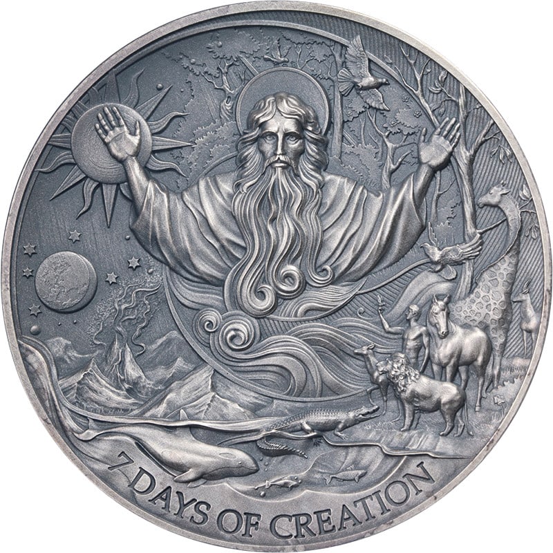 2024 Cameroon 2oz Silver 2000 Francs 7 Days of Creation Antiqued Coin: 2024 Cameroon 2oz Silver 2000 Francs 7 Days of Creation Antiqued Coin This 2024 Cameroon 2 Ounce Silver coin features the 'Bible Stories: 7 Days of Creation' design in ultra high relief (UHR). Struck