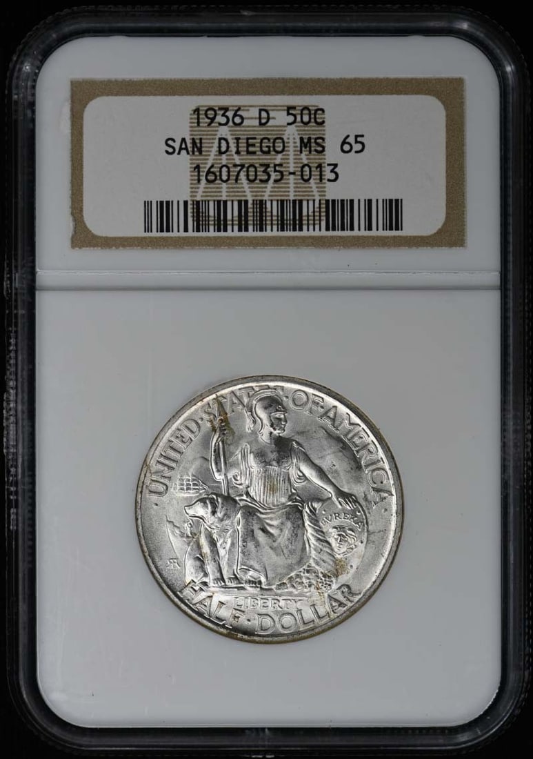 1936-D San Diego Half Dollar Silver Commemorative NGC MS65: 1936-D San Diego Half Dollar Silver Commemorative NGC MS65 This is a 1936-D San Diego Silver Commemorative half dollar, graded MS65 by NGC. Struck at the Denver Mint, this uncirculated coin commemorat
