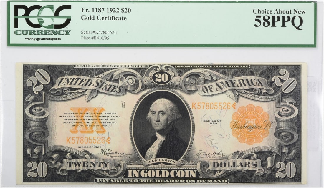 1922 $20 Gold Certificate FR1187 AU EPQ PPQ PCGS: 1922 $20 Gold Certificate FR1187 AU EPQ PPQ PCGS This 1922 $20 Gold Certificate (FR1187) is a remarkable piece of American currency history. Graded AU (About Uncirculated) by PCGS, this certificate fe