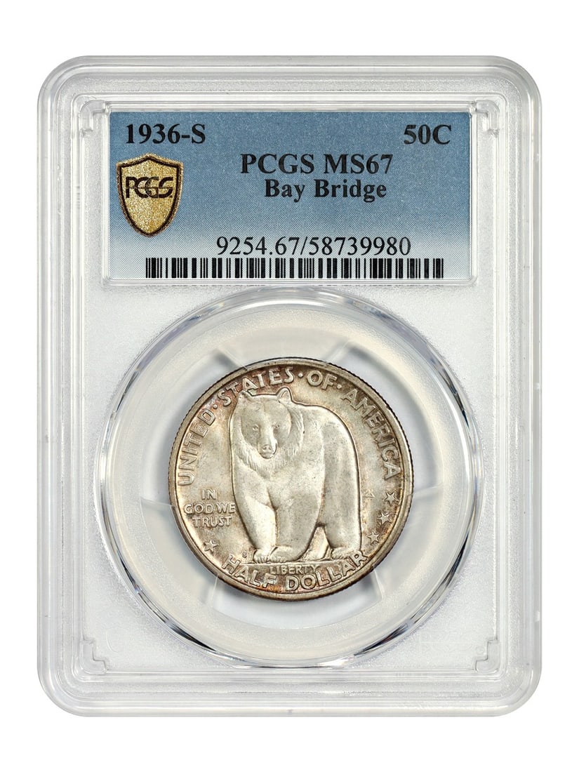 PCGS MS67 San Francisco Bay Bridge 1936 Silver Half Dollar Commemorative: PCGS MS67 San Francisco Bay Bridge 1936 Silver Half Dollar Commemorative This 1936-S Bay Bridge 50C is a classic silver commemorative coin graded MS67 by PCGS. Struck in San Francisco to mark the open