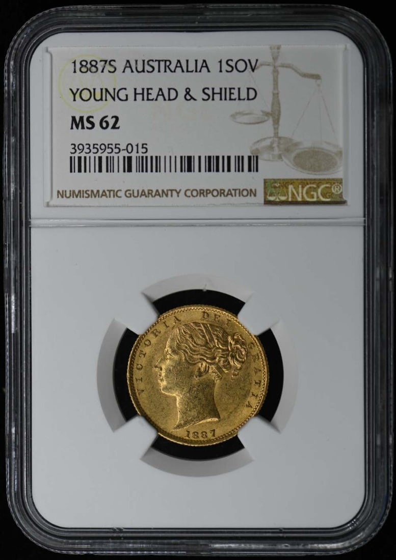 1887 Australian Young Head Shield Sovereign Coin NGC MS62: 1887 Australian Young Head Shield Sovereign Coin NGC MS62 This 1887 Australian Young Head & Shield Sovereign coin is a remarkable piece of numismatic history, showcasing the artistry of its time. It f