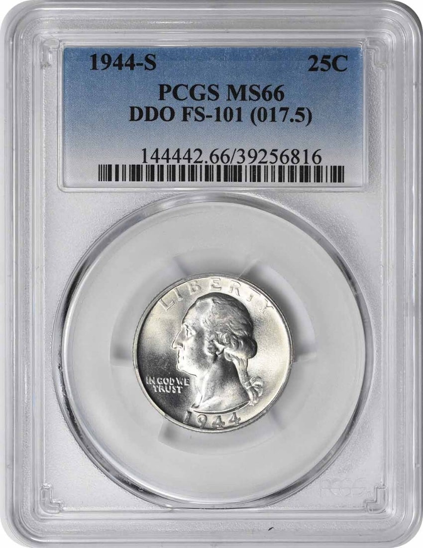 1944-S Washington Silver Quarter DDO MS66 PCGS Uncirculated: 1944-S Washington Silver Quarter DDO MS66 PCGS Uncirculated This stunning 1944-S Washington Silver Quarter is a remarkable find for collectors and numismatists alike. Certified by PCGS with a grade of