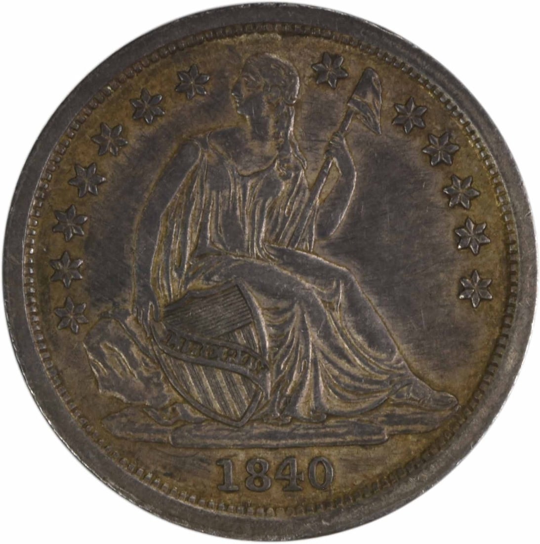 1840 Liberty Seated Silver Dime AU Uncertified 10C Philadelphia: 1840 Liberty Seated Silver Dime AU Uncertified 10C Philadelphia This 1840 Liberty Seated Silver Dime is a remarkable piece for collectors, featuring a design by Thomas Sully and Christian Gobrecht. Th
