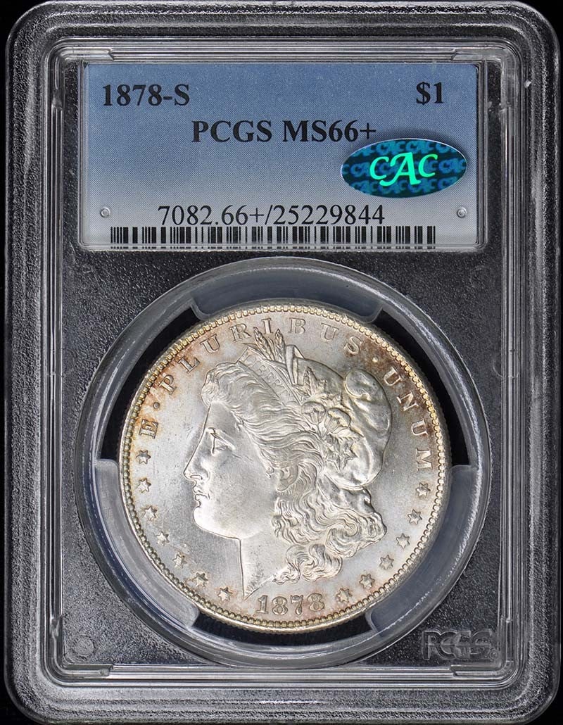 1878-S Morgan Dollar PCGS MS66+ CAC Uncirculated San Francisco: 1878-S Morgan Dollar PCGS MS66+ CAC Uncirculated San Francisco This impressive 1878-S $1 Morgan Dollar has been certified by PCGS with a remarkable grade of MS66+, indicating its outstanding uncircula