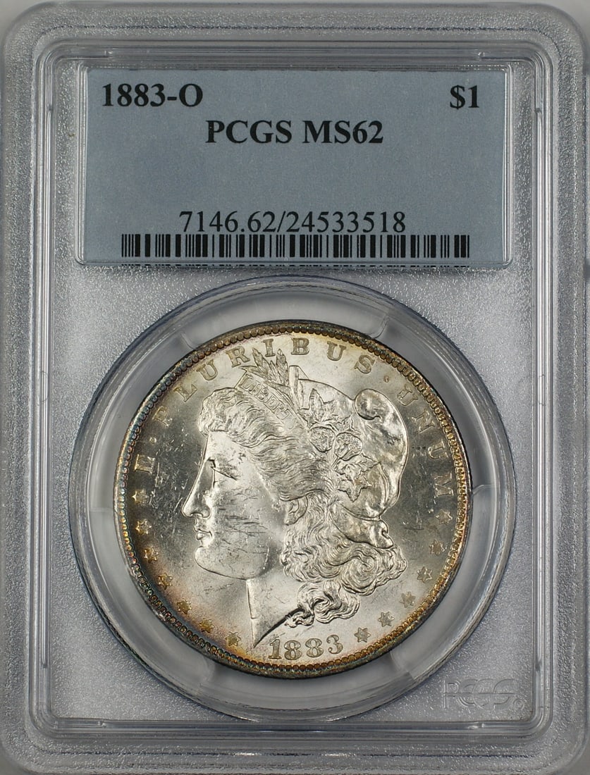 PCGS MS62 1883-O Silver Morgan Dollar from New Orleans Mint: PCGS MS62 1883-O Silver Morgan Dollar from New Orleans Mint This 1883-O Morgan Silver Dollar is graded MS-62 by PCGS, indicating it is in uncirculated condition. Minted in New Orleans, this collectibl