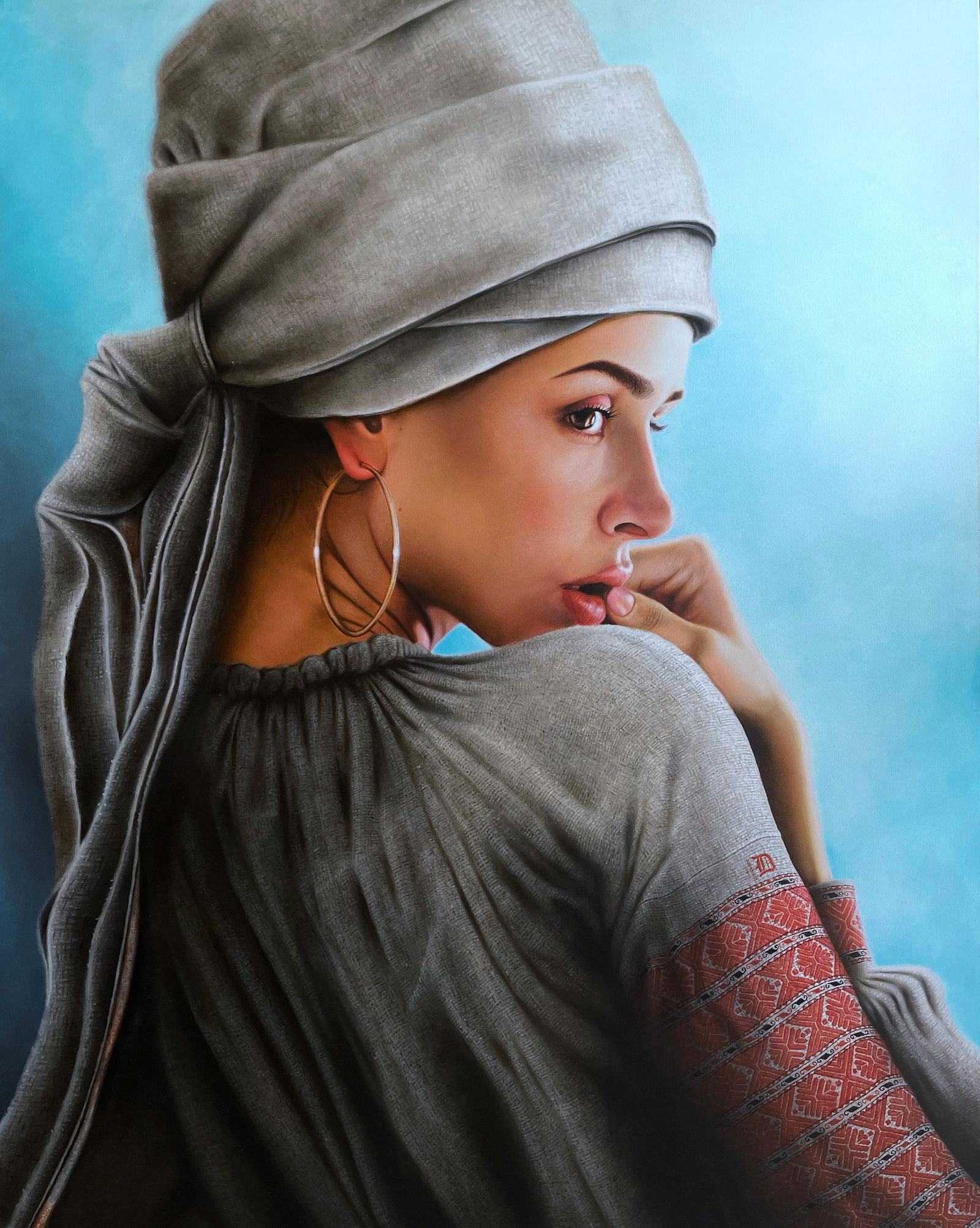 Liusana Figurative Oil Painting 59 x 47 by Dmitriy Krestniy: Liusana Figurative Oil Painting 59 x 47 by Dmitriy Krestniy Discover the captivating beauty of "Liusana," a figurative portrait oil painting by Dmitriy Krestniy, measuring 59" x 47" inches. Created in
