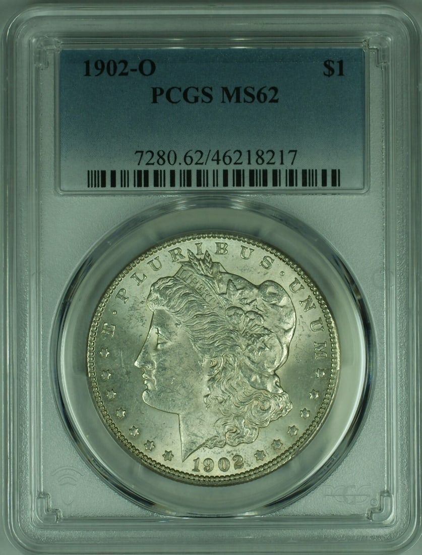 PCGS MS-62 1902-O Morgan Dollar Uncirculated Silver Coin: PCGS MS-62 1902-O Morgan Dollar Uncirculated Silver Coin This 1902-O Morgan Silver Dollar was minted in New Orleans and is graded MS-62 by PCGS. The coin is composed of 90% silver and is uncirculated.