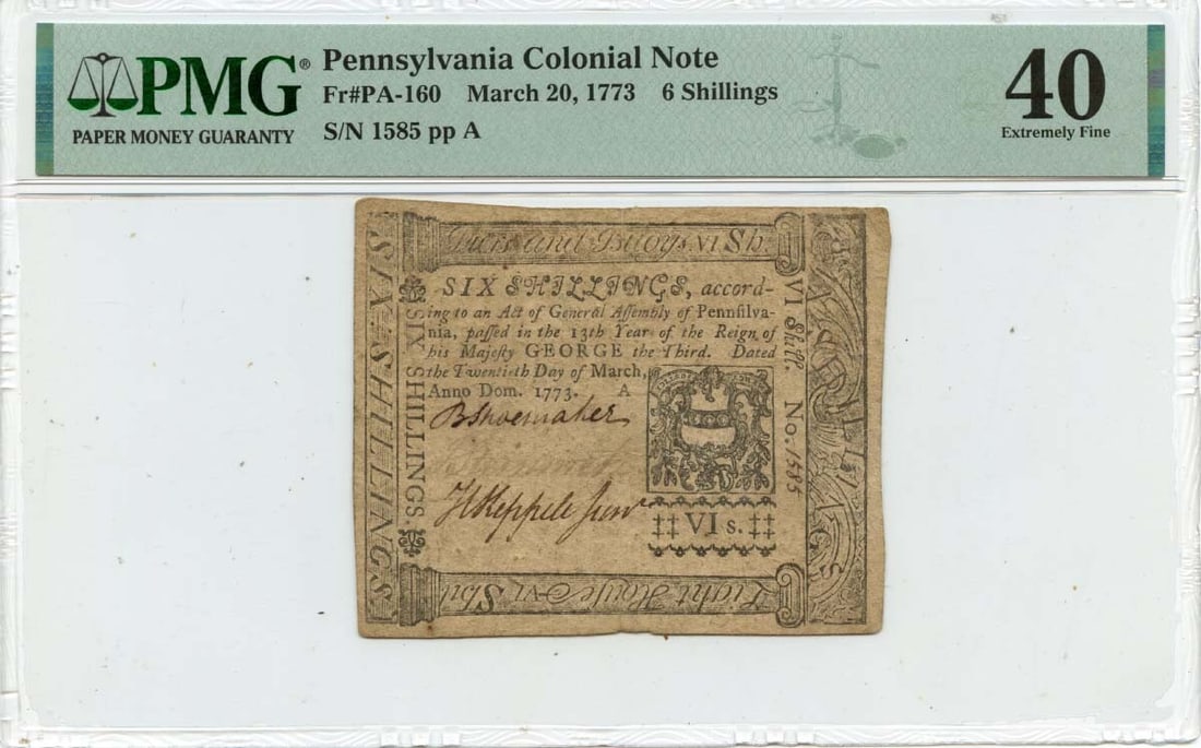 1773 6 Shillings Pennsylvania Colonial Note PA-160 PMG XF40: 1773 6 Shillings Pennsylvania Colonial Note PA-160 PMG XF40 This 1773 Pennsylvania Colonial Note, designated as FR#PA-160, is a remarkable piece of history. Graded XF40 by PMG, this note has been circ