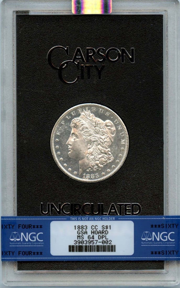 1883-CC Morgan Dollar GSA HOARD NGC MS64DPL Uncirculated: 1883-CC Morgan Dollar GSA HOARD NGC MS64DPL Uncirculated This 1883-CC Morgan Dollar is a remarkable addition for any collector. Certified by NGC with a grade of MS64 and a designation of DMPL, this co