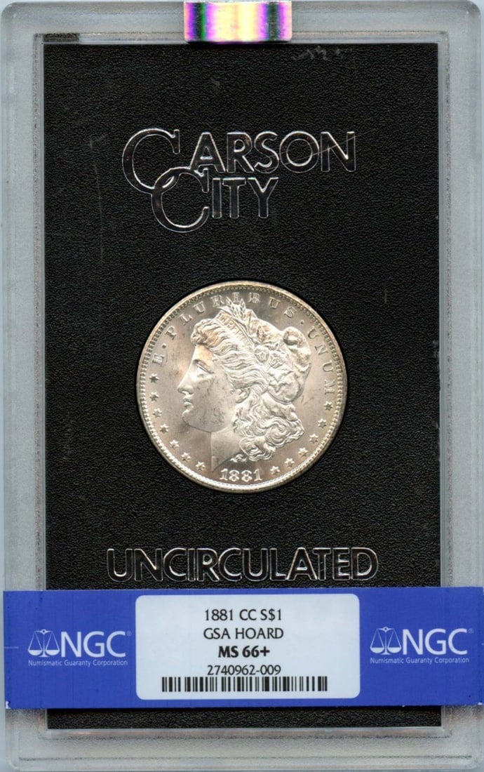 NGC MS66 Plus 1881 Carson City Morgan Dollar from GSA Hoard: NGC MS66 Plus 1881 Carson City Morgan Dollar from GSA Hoard This is an 1881-CC Morgan Dollar from the GSA Hoard, graded MS66+ by NGC. Struck at the Carson City Mint, this uncirculated coin is a sought