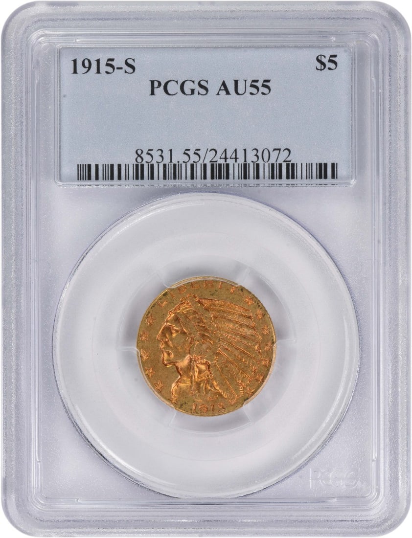 PCGS AU55 1915 San Francisco $5 Indian Gold Half Eagle Coin: PCGS AU55 1915 San Francisco $5 Indian Gold Half Eagle Coin This 1915-S $5 Gold Indian coin is graded AU55 by PCGS. Minted in San Francisco, it features a composition of 90% gold and 10% copper. Desig