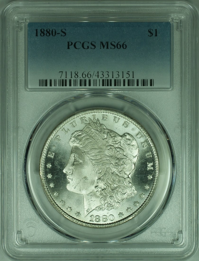 PCGS MS-66 San Francisco 1880-S Morgan Silver Dollar Uncirculated $1 Coin: PCGS MS-66 San Francisco 1880-S Morgan Silver Dollar Uncirculated $1 Coin This is an 1880-S Morgan Silver Dollar coin minted in San Francisco. Certified by PCGS with a grade of MS 66, it features an u