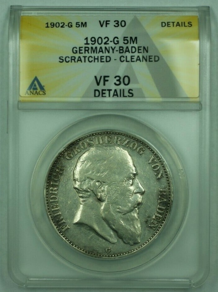1902-G Silver 5 Mark Coin from Germany Baden ANACS VF 30 Cleaned Scratched (1 of 2)