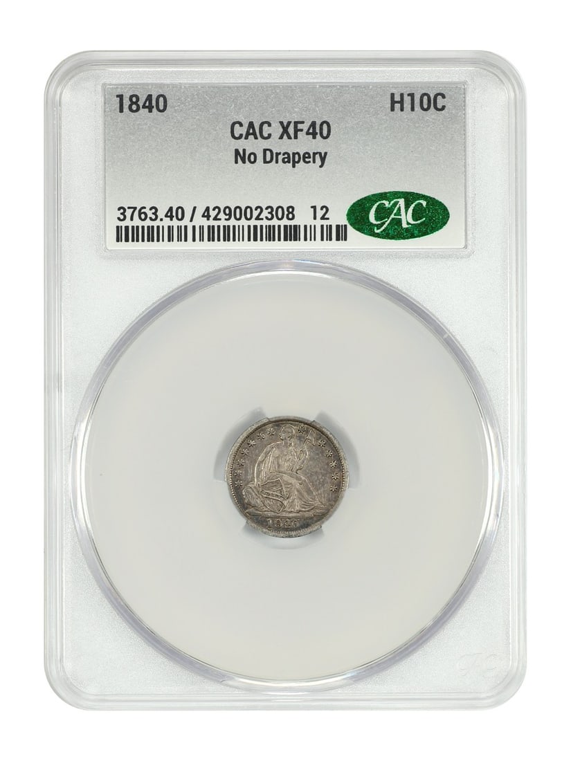 1840 Liberty Seated Half Dime H10C CACG XF40 No Drapery: 1840 Liberty Seated Half Dime H10C CACG XF40 No Drapery This 1840 Liberty Seated Half Dime (H10C) is a remarkable piece, certified by CACG with certification number 429002308. It is graded XF40 and ha
