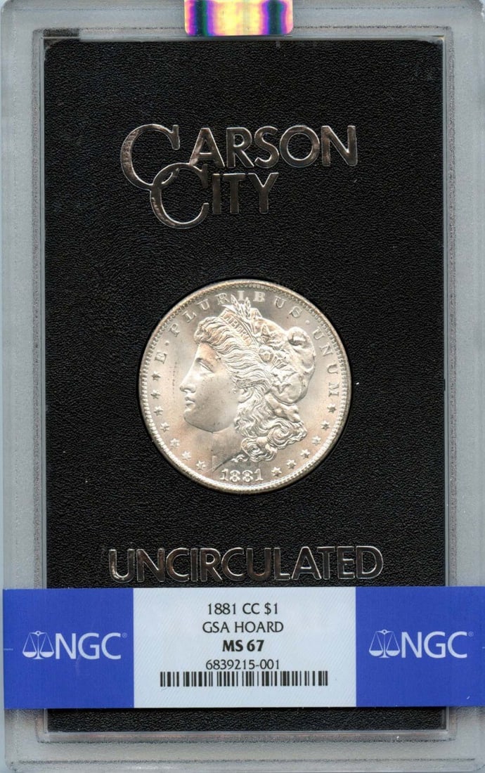 1881-CC NGC MS67 Morgan Dollar Uncirculated GSA Hoard Coin: 1881-CC NGC MS67 Morgan Dollar Uncirculated GSA Hoard Coin This 1881-CC Morgan Dollar is a stunning example of American numismatic history. Graded MS67 by NGC, this uncirculated coin exemplifies excep