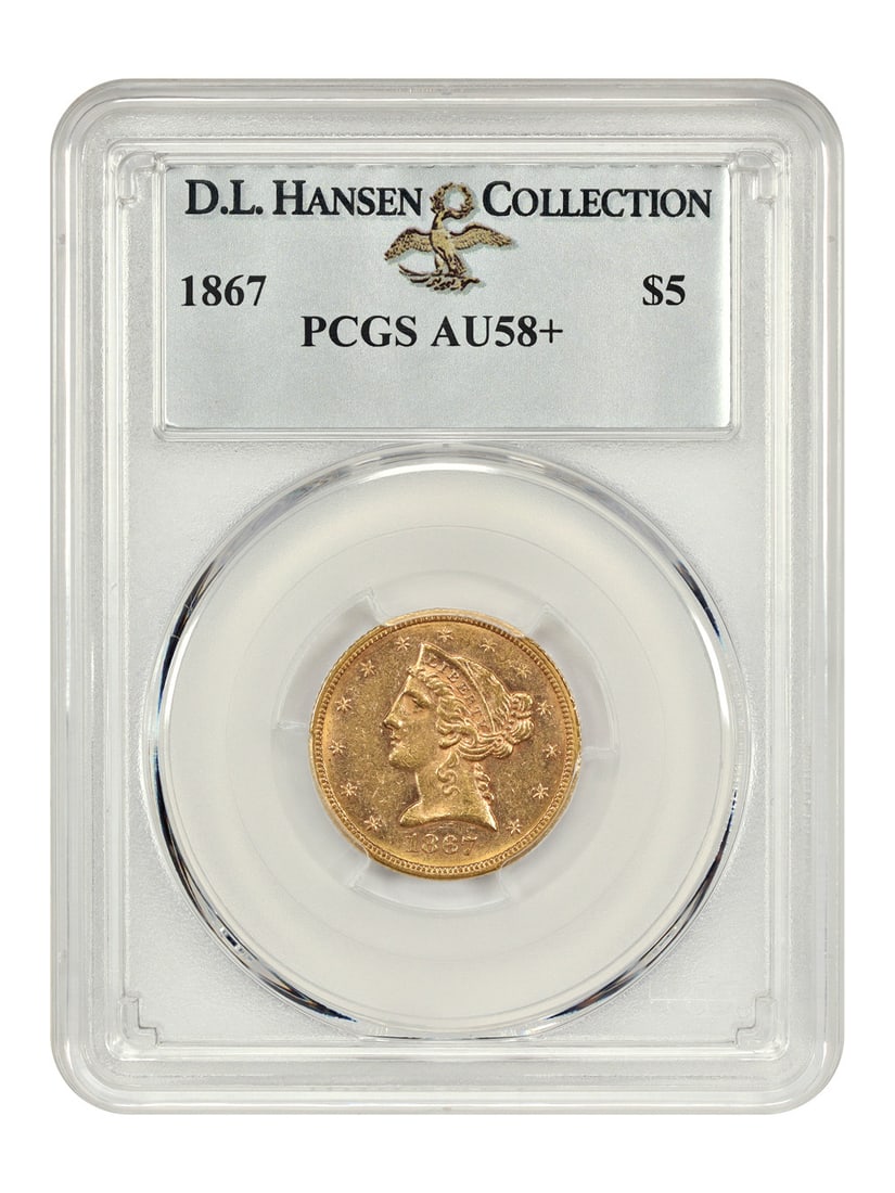 1867 Liberty Head $5 Coin PCGS AU58+ Top Ten Census: 1867 Liberty Head $5 Coin PCGS AU58+ Top Ten Census This 1867 Liberty Head $5 gold coin is certified by PCGS with an AU58+ grade, making it an exceptional addition for collectors. With a limited minta