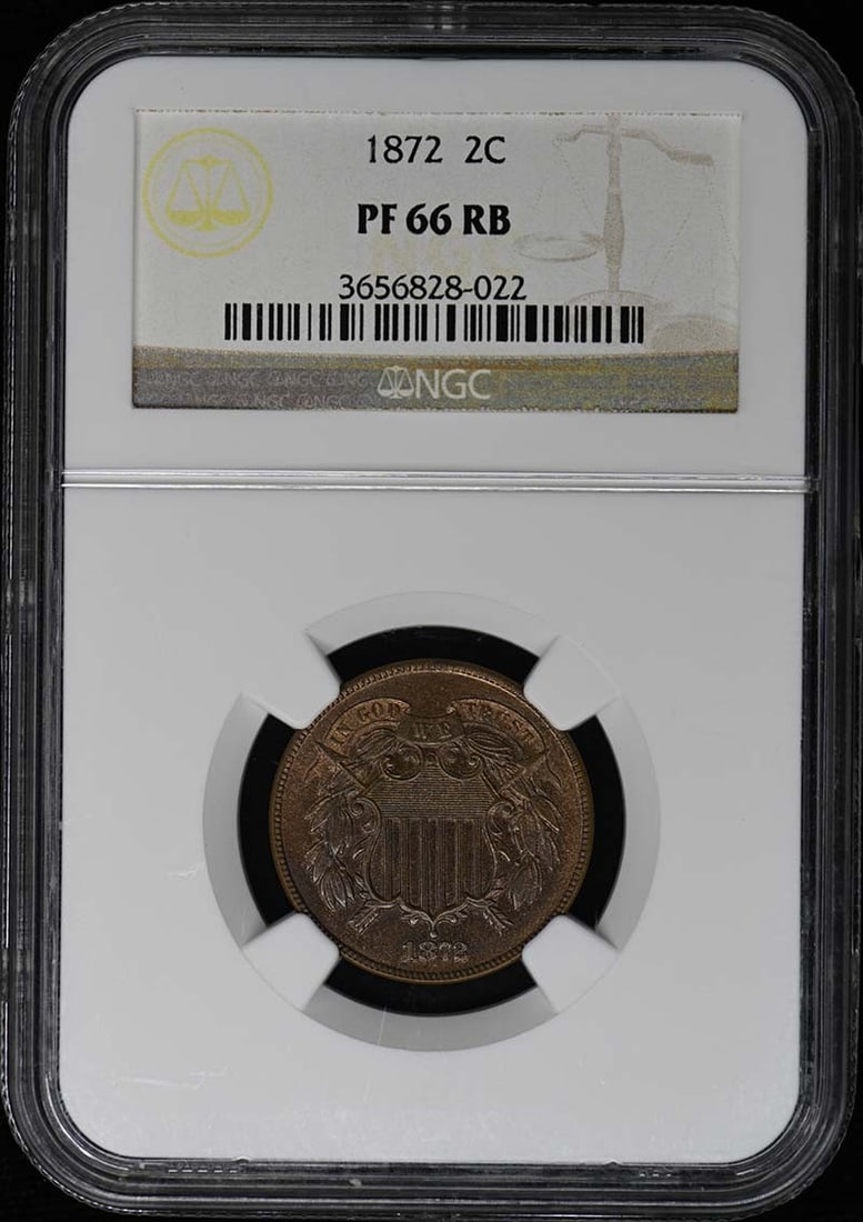 1872 Two Cent Piece NGC PR66RB Uncirculated Proof Coin: 1872 Two Cent Piece NGC PR66RB Uncirculated Proof Coin This 1872 Two Cent Piece is a stunning example of numismatic artistry, certified by NGC with a grade of PR66RB. It is an uncirculated proof coin