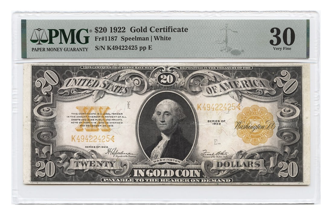 1922 $20 Gold Certificate PMG VF30 Large Size Speelman White Signatures: 1922 $20 Gold Certificate PMG VF30 Large Size Speelman White Signatures This 1922 $20 Gold Certificate, certified by PMG with a grade of VF30, features the Speelman/White signatures and is classified