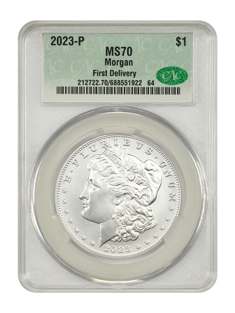 CACG Graded 2023 Philadelphia Morgan Silver Dollar MS70 First Delivery: CACG Graded 2023 Philadelphia Morgan Silver Dollar MS70 First Delivery This 2023-P Morgan Dollar is a modern commemorative coin minted in Philadelphia and certified by CACG with a top grade of MS70. I