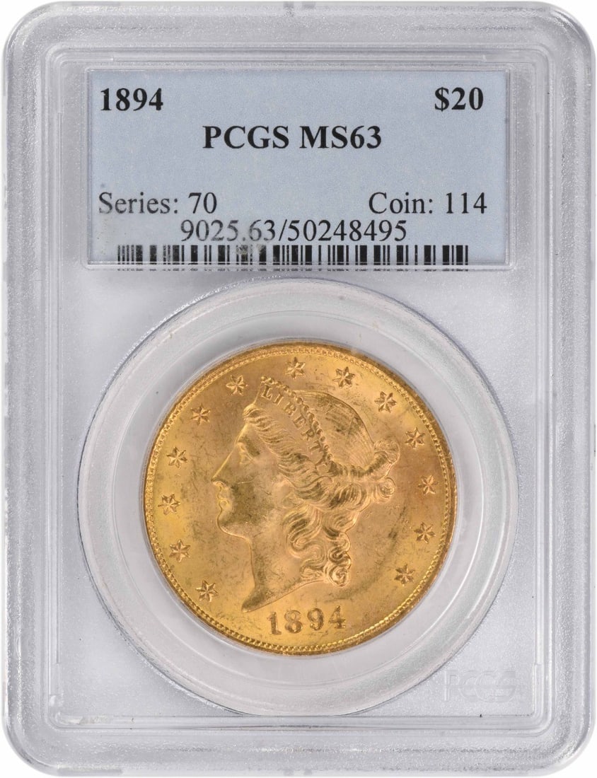 United States 1894 Liberty Head $20 Gold Coin PCGS MS63 Certified: United States 1894 Liberty Head $20 Gold Coin PCGS MS63 Certified This 1894 $20 Gold Liberty Head coin is a certified uncirculated specimen graded MS63 by PCGS. Minted in Philadelphia, it features a c