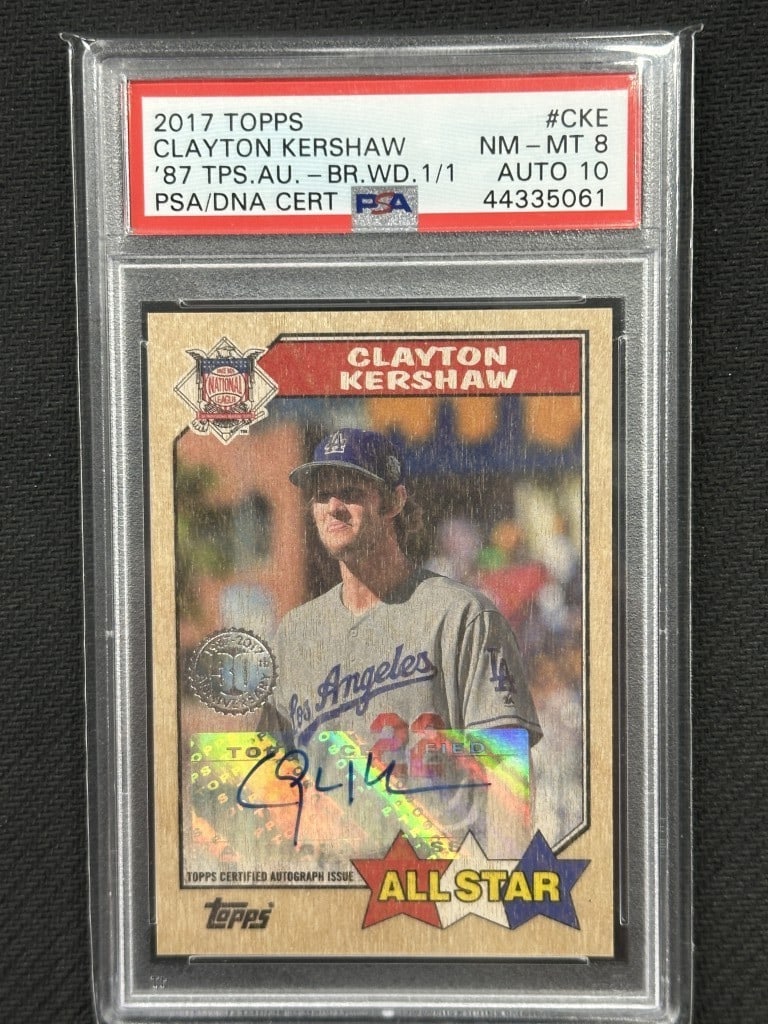Clayton Kershaw 2017 Topps Wood Auto PSA 8 Dodgers Card #CKE: Clayton Kershaw 2017 Topps Wood Auto PSA 8 Dodgers Card #CKE Celebrate the legacy of Clayton Kershaw with this 2017 Topps 87' Wood Autograph Baseball Card. Graded by Professional Sports Authenticator