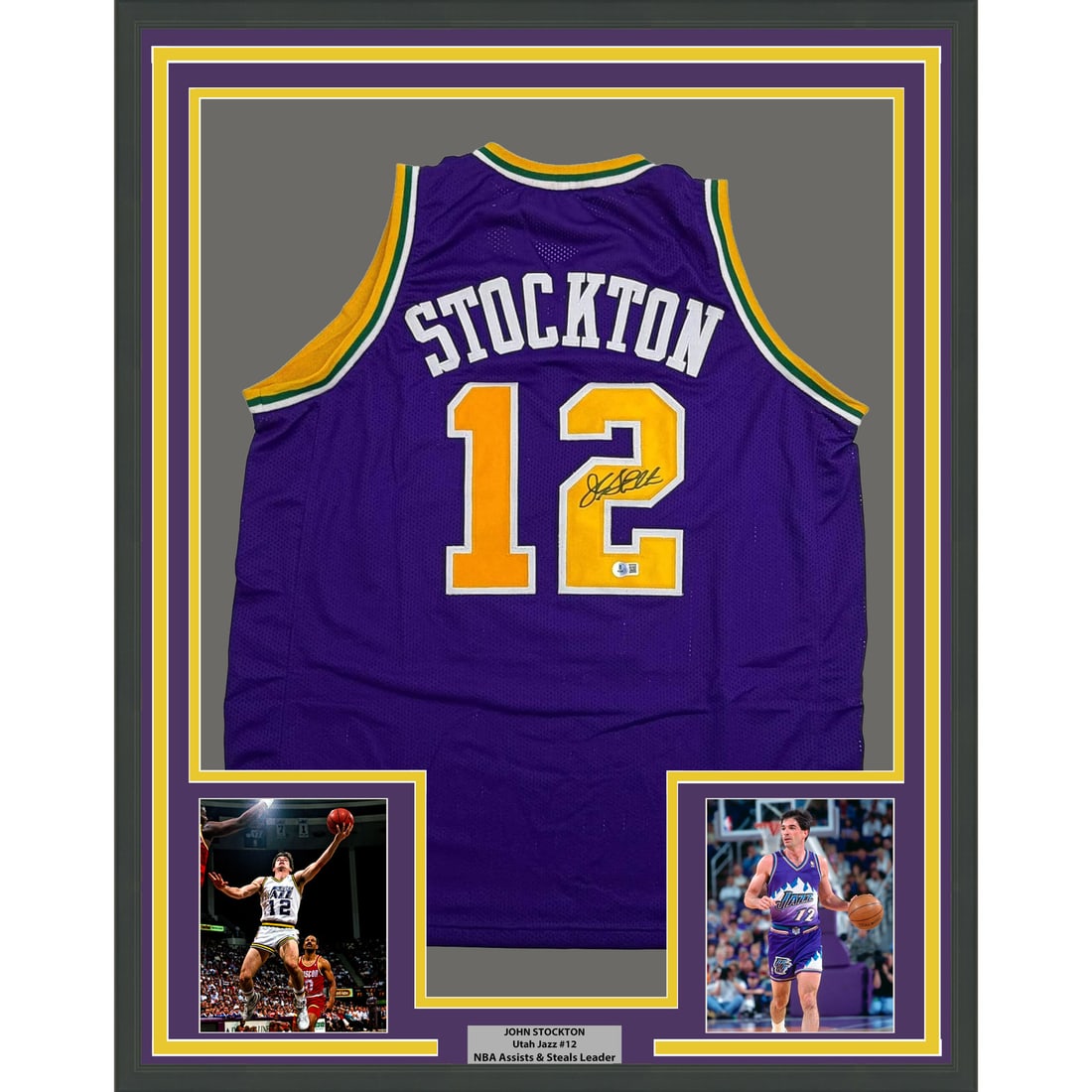 John Stockton Signed Utah Jazz Purple Jersey Framed 35x39 Beckett Authenticated (1 of 2)