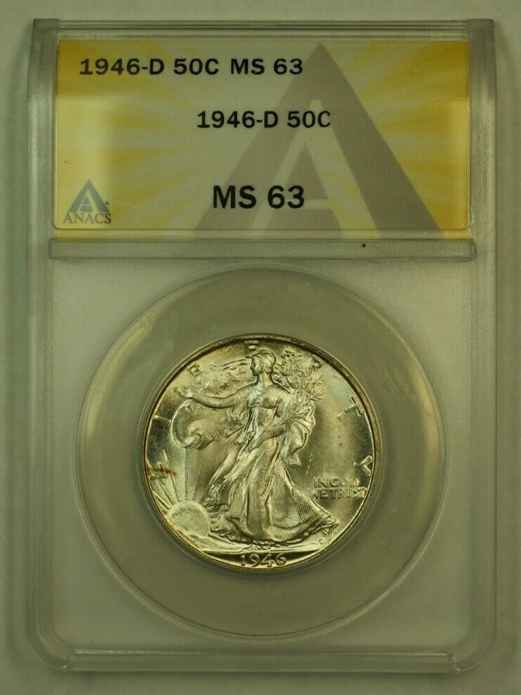 ANACS MS-63 1946-D Liberty Walking Half Dollar Silver Coin: ANACS MS-63 1946-D Liberty Walking Half Dollar Silver Coin This 1946-D Walking Liberty Half Dollar is an uncirculated silver coin graded MS-63 by ANACS. Minted in Denver, it features the iconic Libert