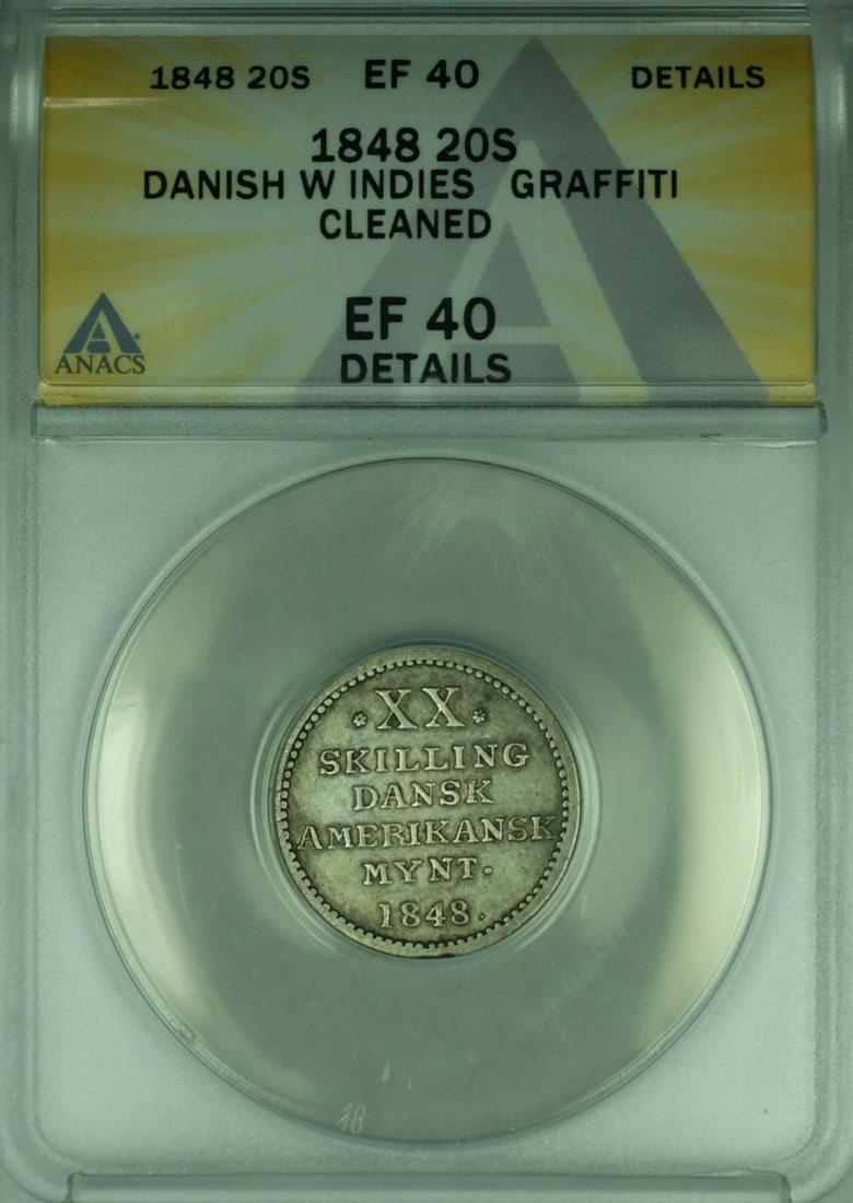 ANACS EF-40 1848 Danish West Indies 20 Skilling Silver Coin Cleaned (1 of 2)