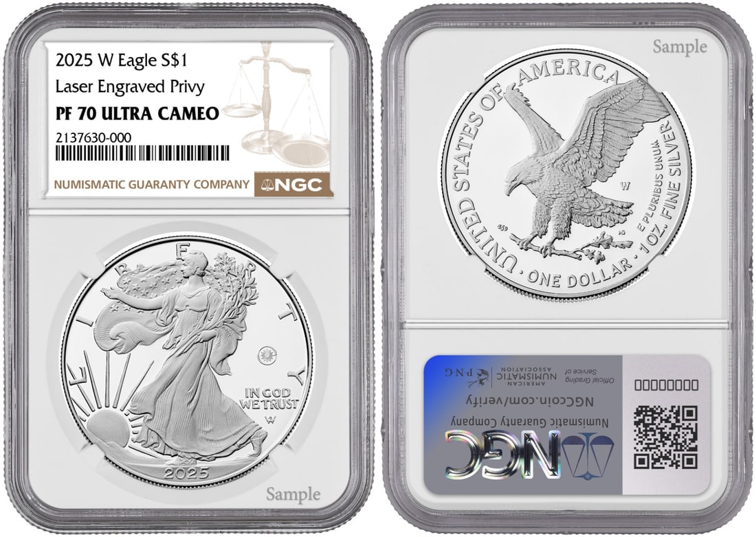 2025-W Proof American Silver Eagle Coin PR 70 NGC Laser Privy Mark: 2025-W Proof American Silver Eagle Coin PR 70 NGC Laser Privy Mark This stunning 2025-W American Silver Eagle coin features a laser beam engraved privy mark, making it a unique addition to any collect