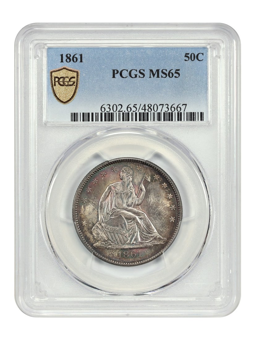 PCGS MS65 1861 Liberty Seated Half Dollar Civil War Philadelphia Issue: PCGS MS65 1861 Liberty Seated Half Dollar Civil War Philadelphia Issue This is an 1861 Liberty Seated Half Dollar graded MS65 by PCGS. Minted in Philadelphia during the Civil War era, this uncirculate