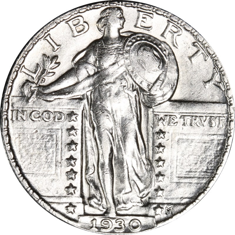 1930-P Standing Liberty Quarter Silver Coin Circulated: 1930-P Standing Liberty Quarter Silver Coin Circulated This 1930-P Standing Liberty Quarter is a classic piece of American numismatic history, featuring a striking design that reflects the artistry of