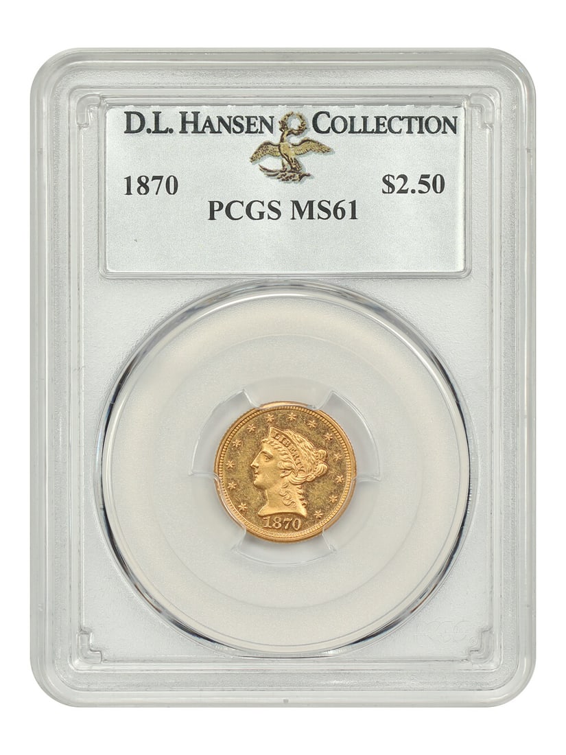 1870 Liberty Head Gold $2.50 Coin PCGS MS61 D.L. Hansen: 1870 Liberty Head Gold $2.50 Coin PCGS MS61 D.L. Hansen This stunning 1870 $2.50 Liberty Head coin is certified by PCGS with a grade of MS61, indicating its uncirculated condition. Struck at the Phila