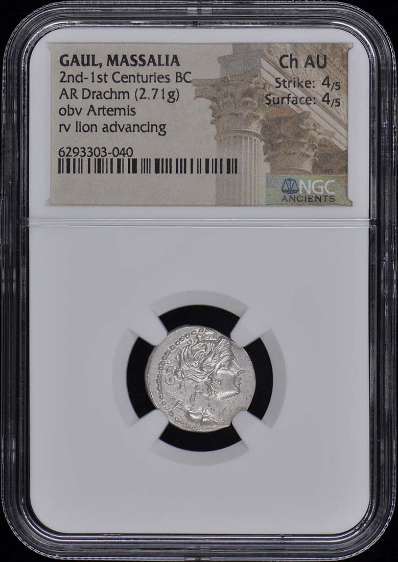 Massalia AR Drachm 2nd-1st Centuries BC NGC AU55 Certified Coin: Massalia AR Drachm 2nd-1st Centuries BC NGC AU55 Certified Coin This is a stunning silver drachm from Massalia, Gaul, dating back to the 2nd-1st centuries BC. Certified by NGC with a grade of AU55, th
