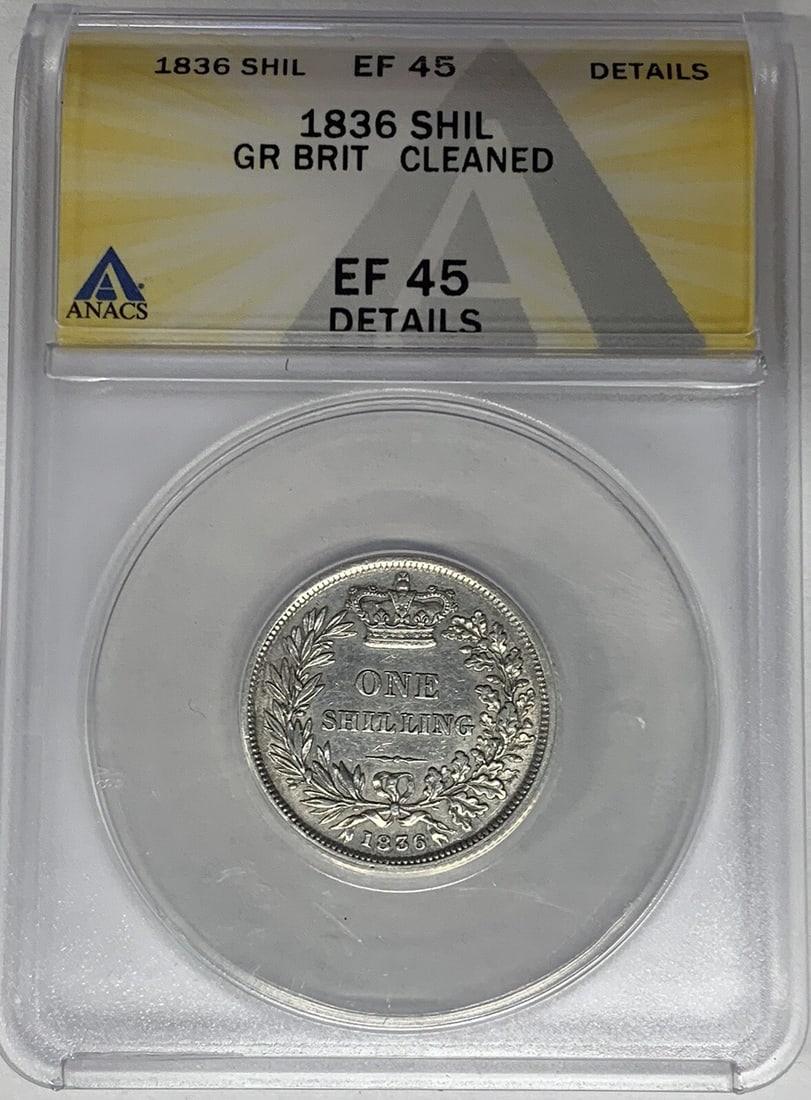 ANACS XF 45 Graded 1836 United Kingdom Shilling Cleaned: ANACS XF 45 Graded 1836 United Kingdom Shilling Cleaned This 1836 Great Britain shilling is certified by ANACS with a grade of XF 45 Details and has been cleaned. The coin originates from the United K