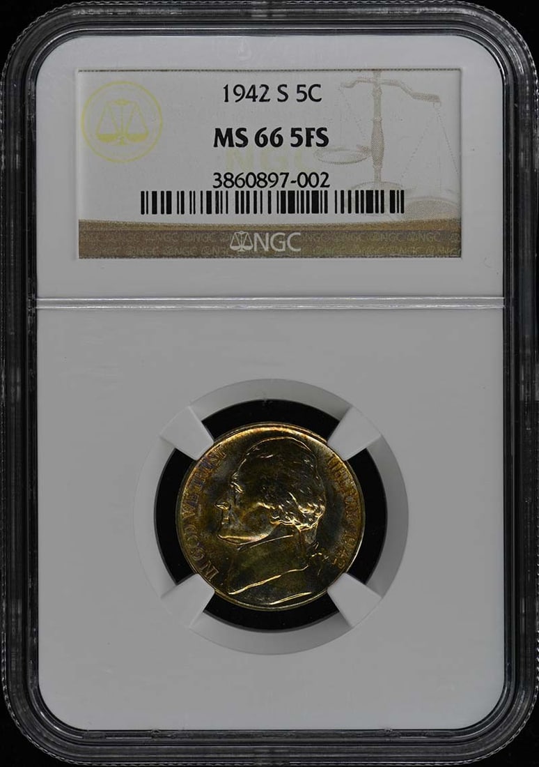 1942-S Jefferson Nickel NGC MS66 5FS Uncirculated Coin: 1942-S Jefferson Nickel NGC MS66 5FS Uncirculated Coin This uncirculated 1942-S Jefferson Nickel is certified by NGC with a grade of MS66 and features the full steps designation (5FS). Struck at the S