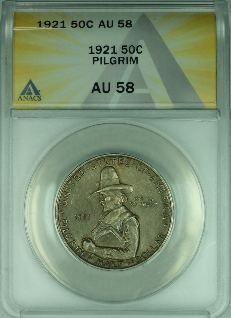 1921 Silver Pilgrim Half Dollar 50c ANACS AU-58 Commemorative Coin Toned: 1921 Silver Pilgrim Half Dollar 50c ANACS AU-58 Commemorative Coin Toned This 1921 Pilgrim Commemorative Silver Half Dollar is a circulated coin graded AU-58 by ANACS. Struck in silver at the Philadel