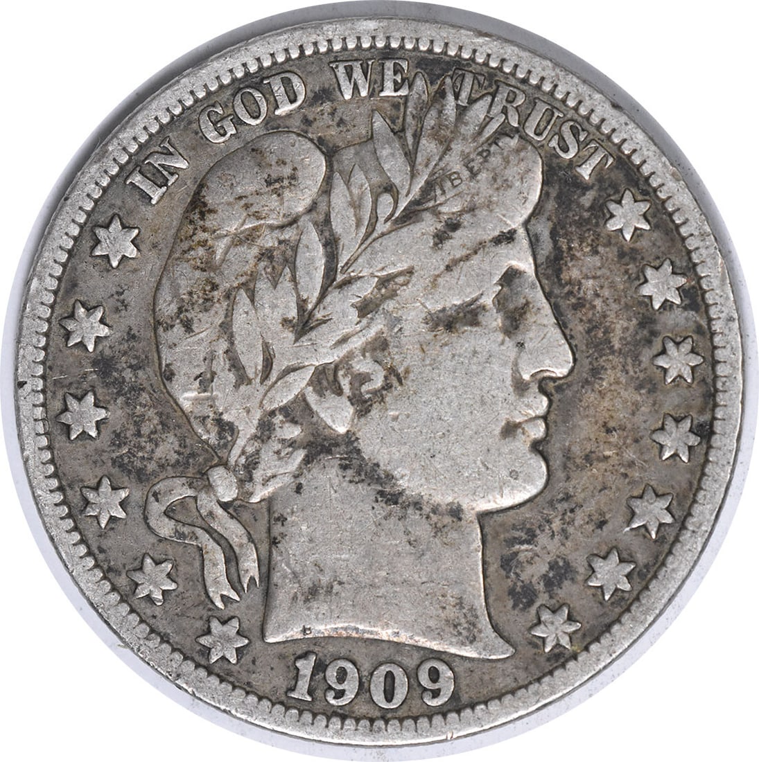 1909 San Francisco Barber Half Dollar VF 90 Percent Silver Uncertified: 1909 San Francisco Barber Half Dollar VF 90 Percent Silver Uncertified This is a 1909-S Barber Half Dollar coin from the United States, struck at the San Francisco Mint. Designed by Charles E. Barber,