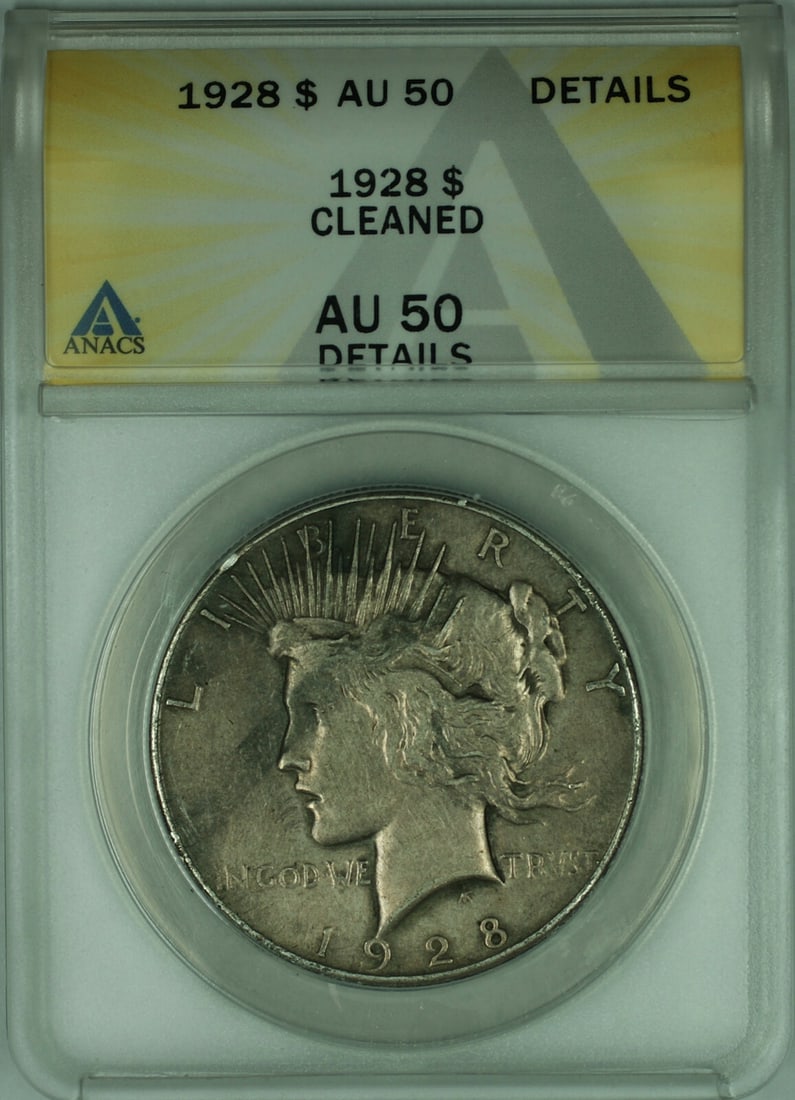 1928 AU-50 ANACS Certified Peace Silver Dollar Cleaned $1 Coin: 1928 AU-50 ANACS Certified Peace Silver Dollar Cleaned $1 Coin This 1928 Peace Silver Dollar is a circulated $1 coin certified by ANACS with a grade of AU-50 Details. The coin has been cleaned and was