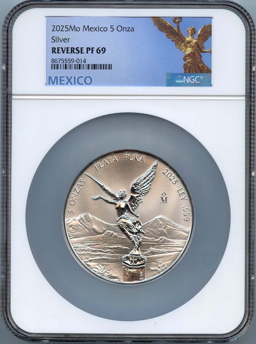 2025 Mexico 5 Onza Libertad Silver NGC PF69 Low Mintage 600: 2025 Mexico 5 Onza Libertad Silver NGC PF69 Low Mintage 600 This 2025 Mo Mexico 5 Onza Libertad Silver coin is a stunning piece for collectors. It is graded PR69 by NGC, indicating its high quality an