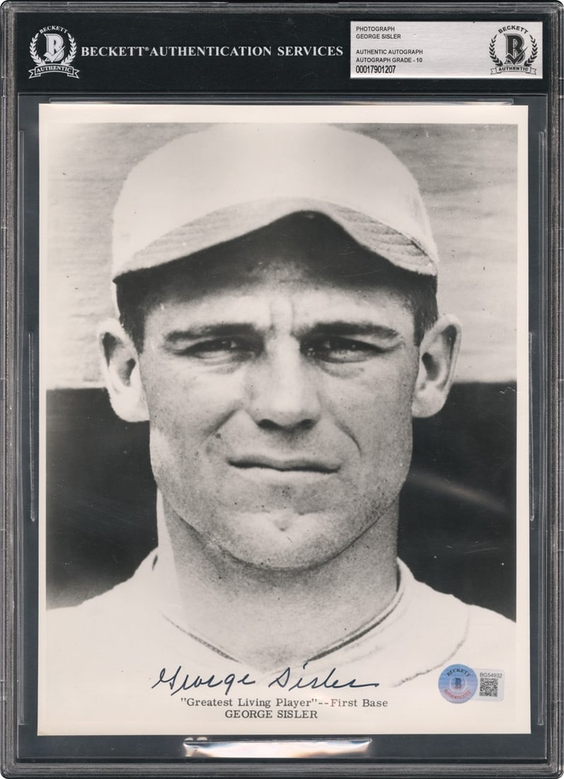 George Sisler Signed 8x10 Photo Beckett GEM MINT 10: George Sisler Signed 8x10 Photo Beckett GEM MINT 10 This stunning 8" x 10" signed photo of George Sisler, the legendary baseball player, showcases his exceptional talent. Known for his impressive hitt
