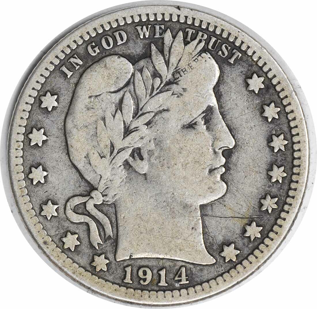 1914-S Barber Silver Quarter 25C F Uncertified 90% Silver: 1914-S Barber Silver Quarter 25C F Uncertified 90% Silver This 1914-S Barber Silver Quarter is a historical collectible coin featuring the iconic Barber design by Charles E. Barber. Struck in San Fran