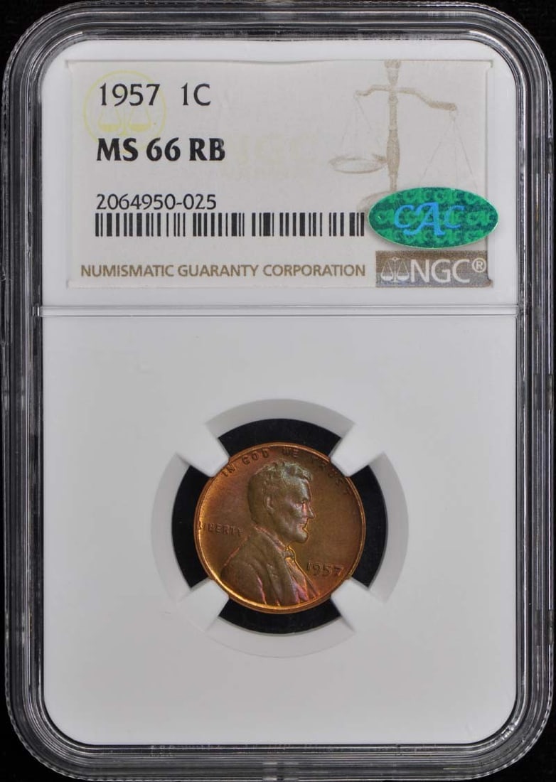 1957 Lincoln Cent Wheat Reverse NGC MS66RB CAC Certified: 1957 Lincoln Cent Wheat Reverse NGC MS66RB CAC Certified This 1957 Wheat Reverse Lincoln Cent is a remarkable collectible, graded MS66RB by NGC and featuring the CAC designation. This uncirculated coi