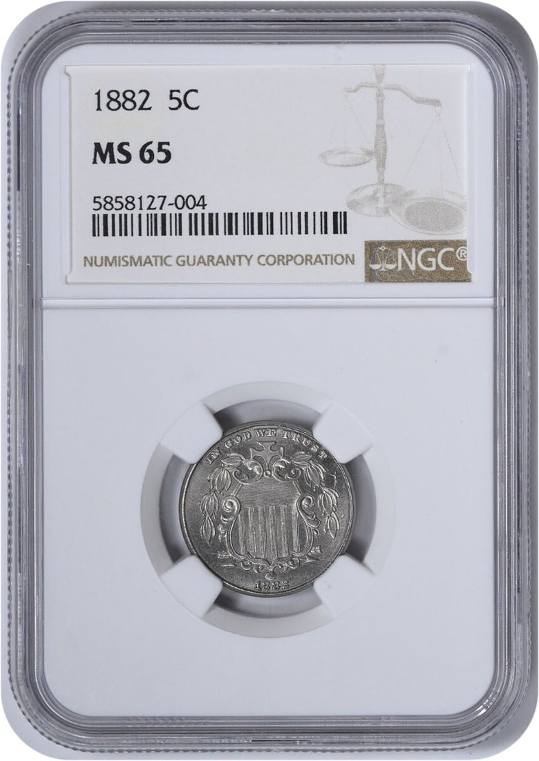 NGC MS65 1882 Shield Nickel Five Cent Coin United States: NGC MS65 1882 Shield Nickel Five Cent Coin United States This 1882 Shield Nickel is graded MS65 by NGC and remains uncirculated. Minted in Philadelphia, this five-cent coin is composed of 75% copper a